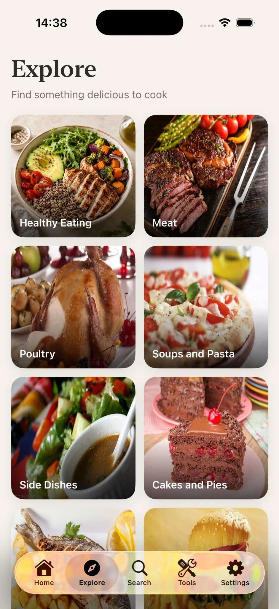 Gustiva Explore screen with food categories