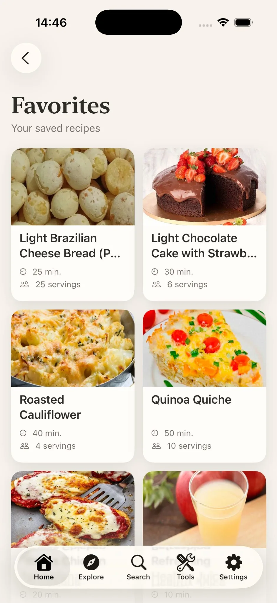 Gustiva Favorites screen with saved recipes