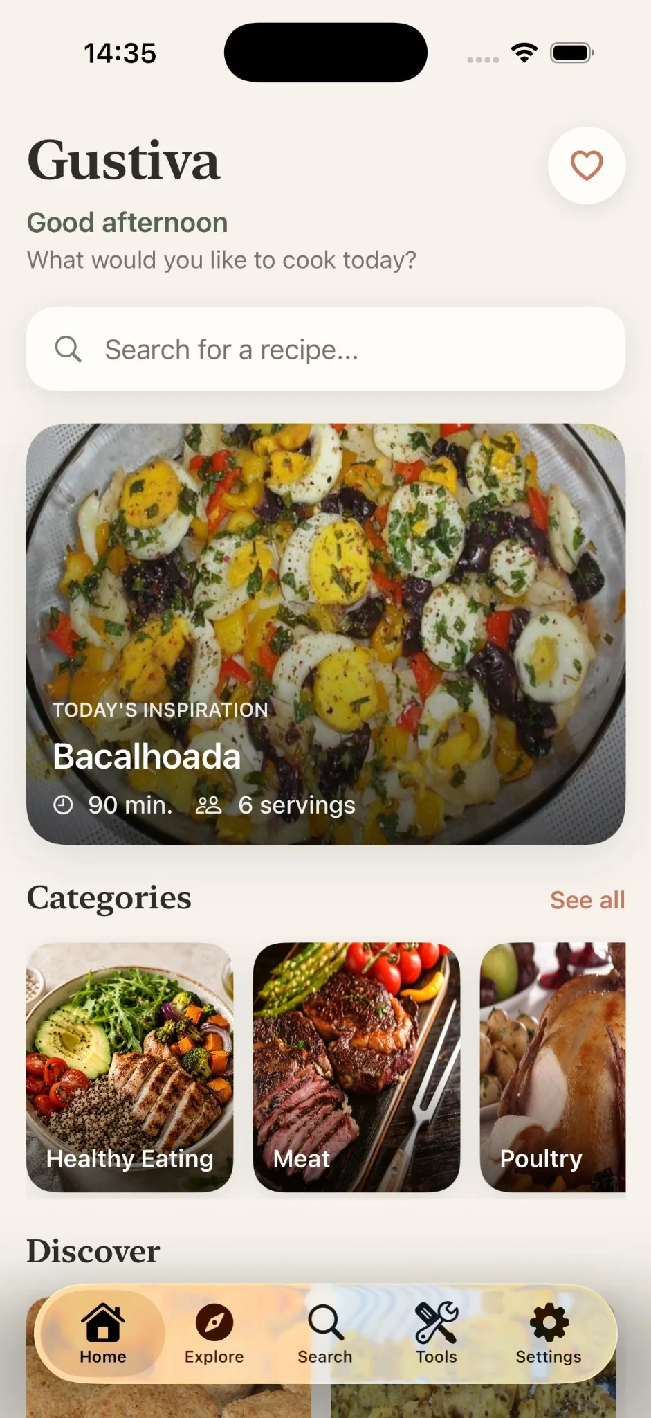Gustiva home screen showing recipe inspiration and categories