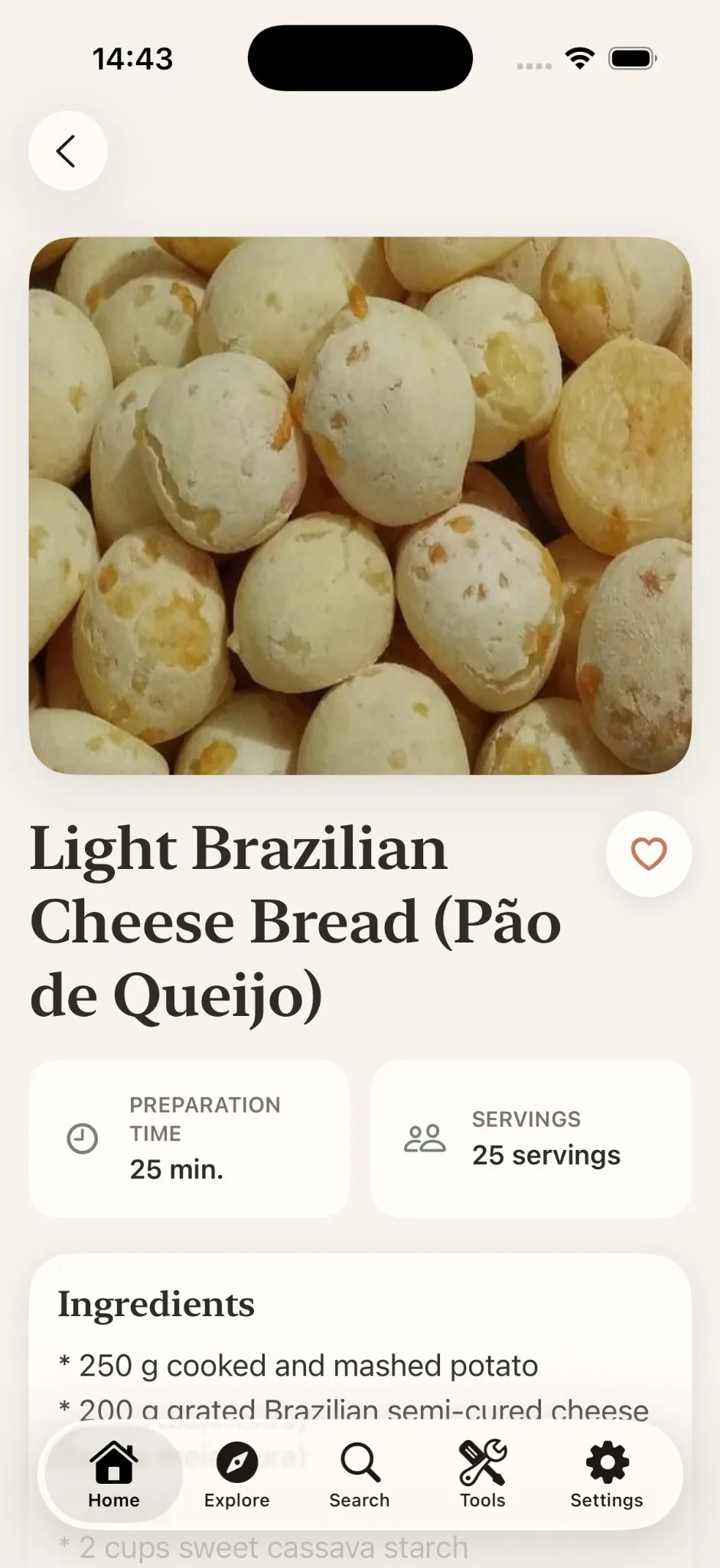 Gustiva recipe detail screen with preparation time, servings and ingredients