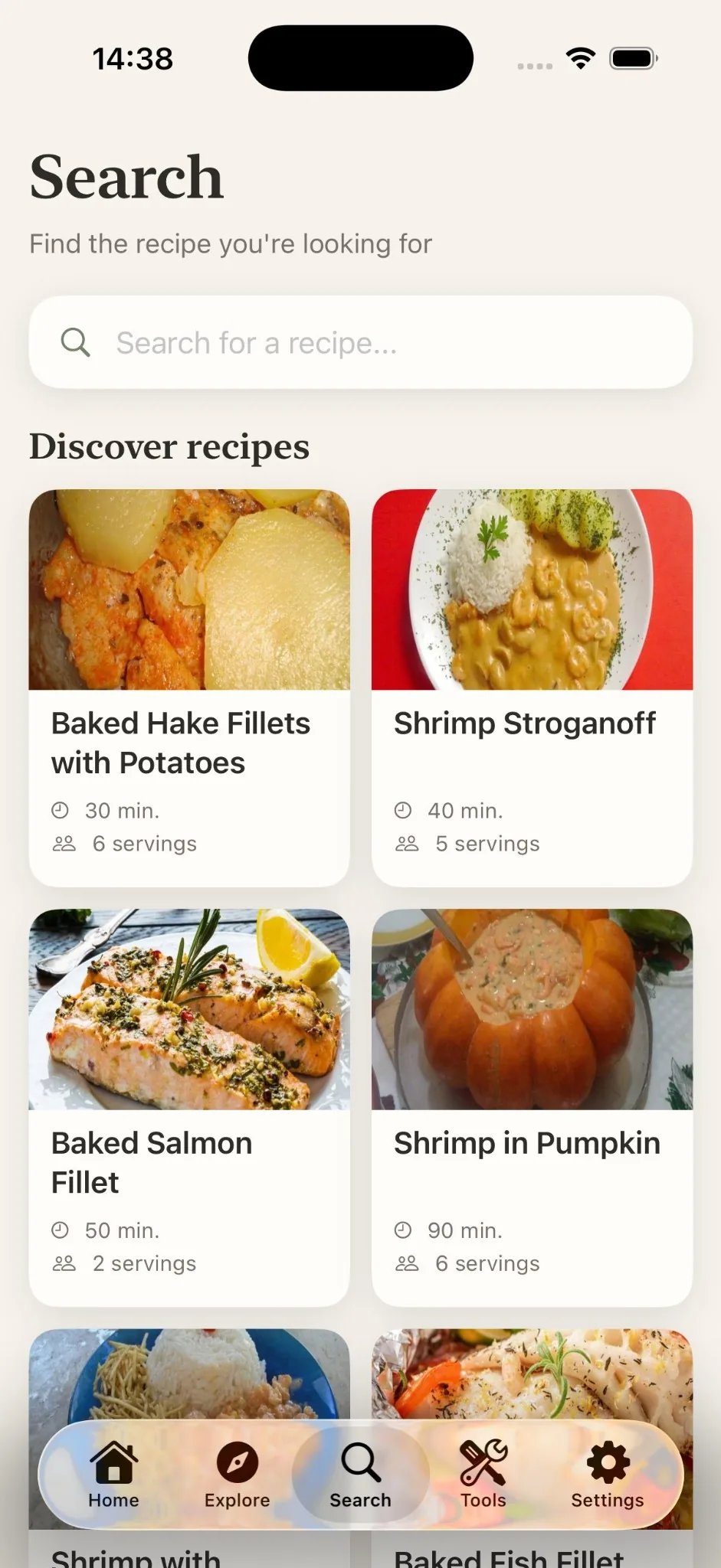 Gustiva Search screen showing recipe results
