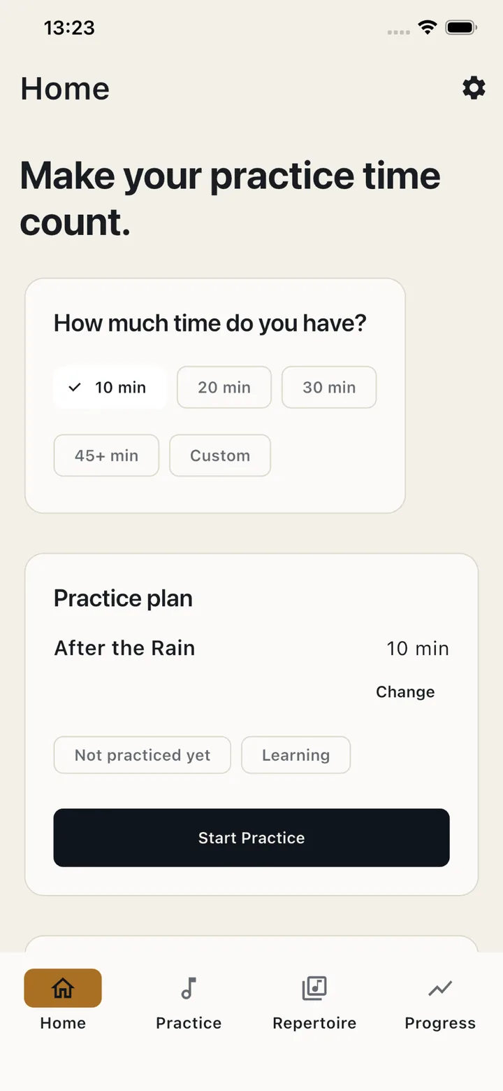 Jamsic Home screen with practice planning