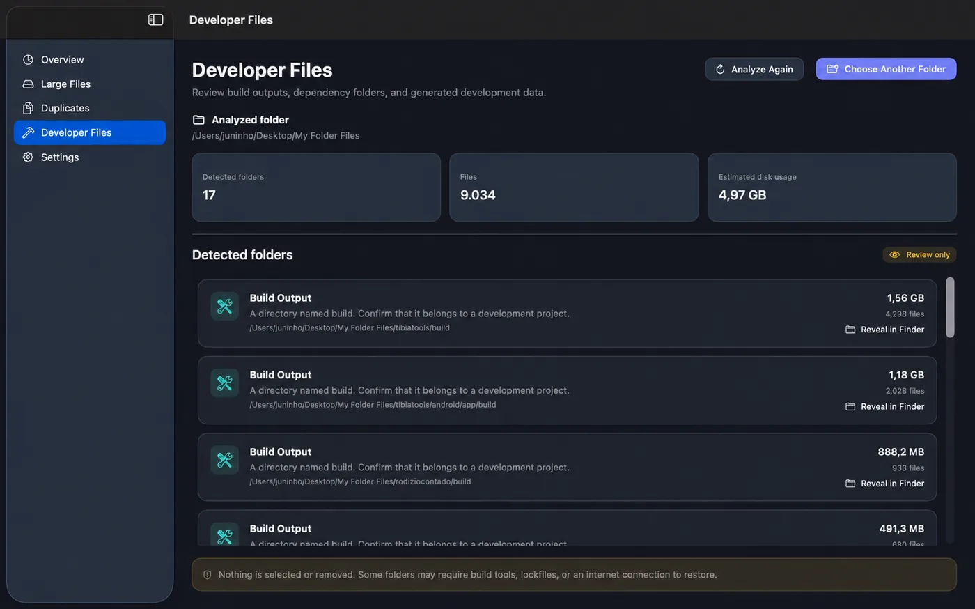 JJ Storage Cleaner Developer Files screen