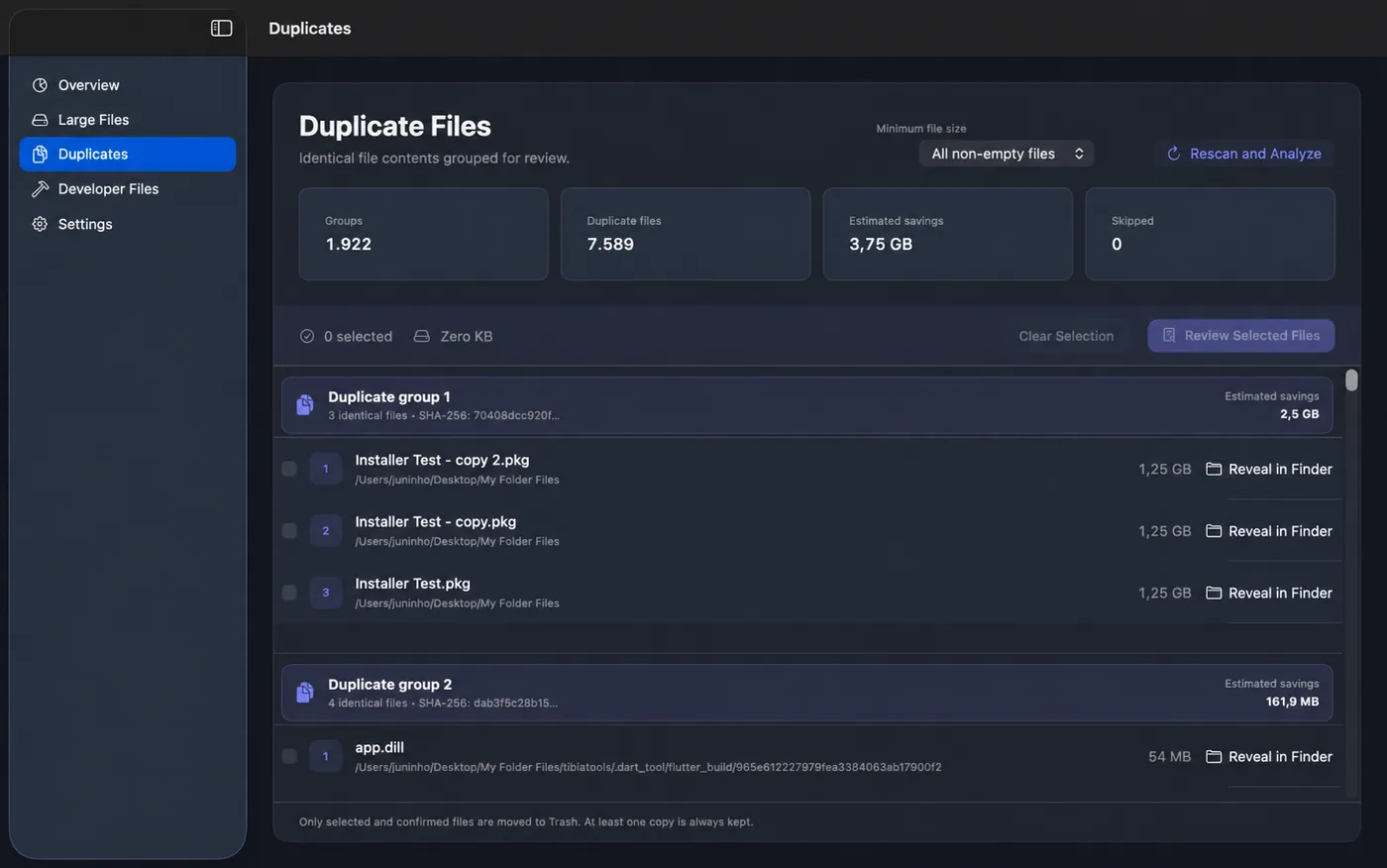 JJ Storage Cleaner Duplicates screen