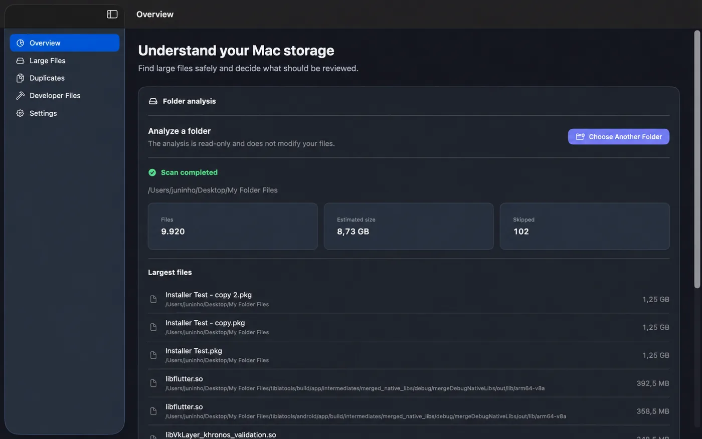 JJ Storage Cleaner Overview screen showing local folder analysis results