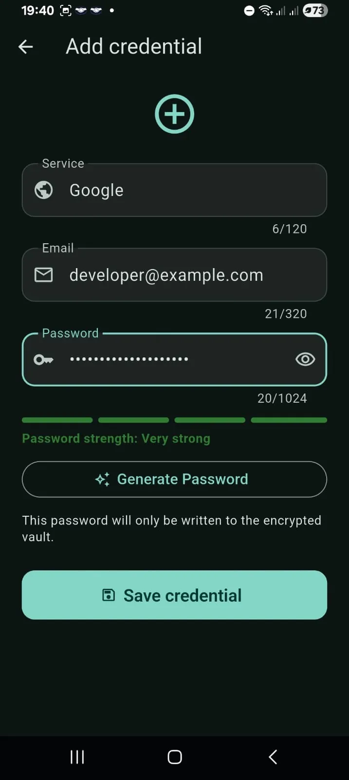 JJ Vault add credential form with password strength and password generation controls