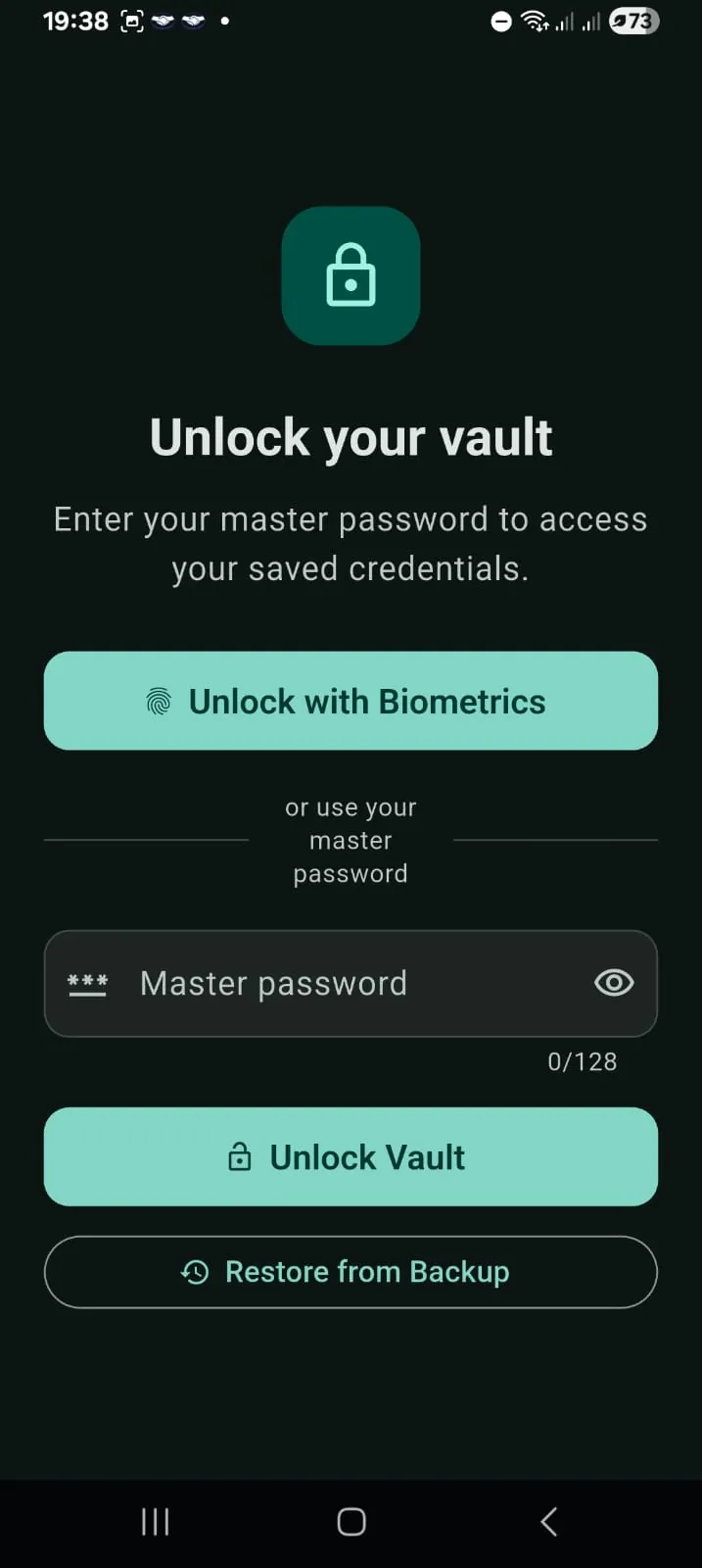 JJ Vault unlock screen with biometric and master password options