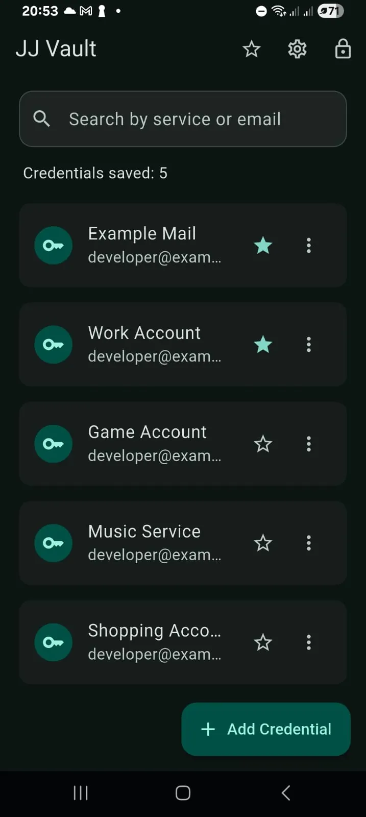 JJ Vault credential list screen showing search, favorites and saved credentials