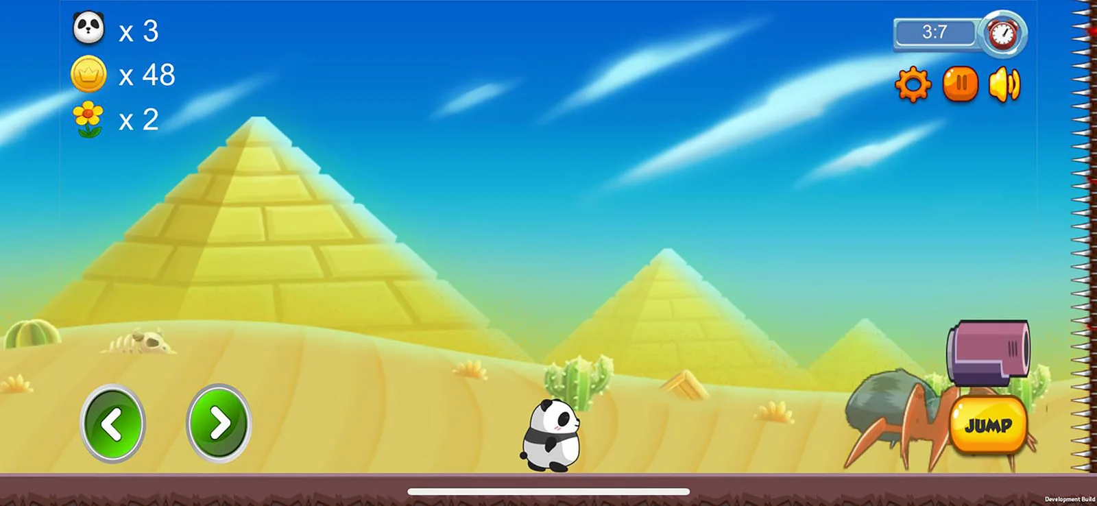 Panda's Adventure gameplay screen showing the panda character facing a stone enemy in a bright forest level