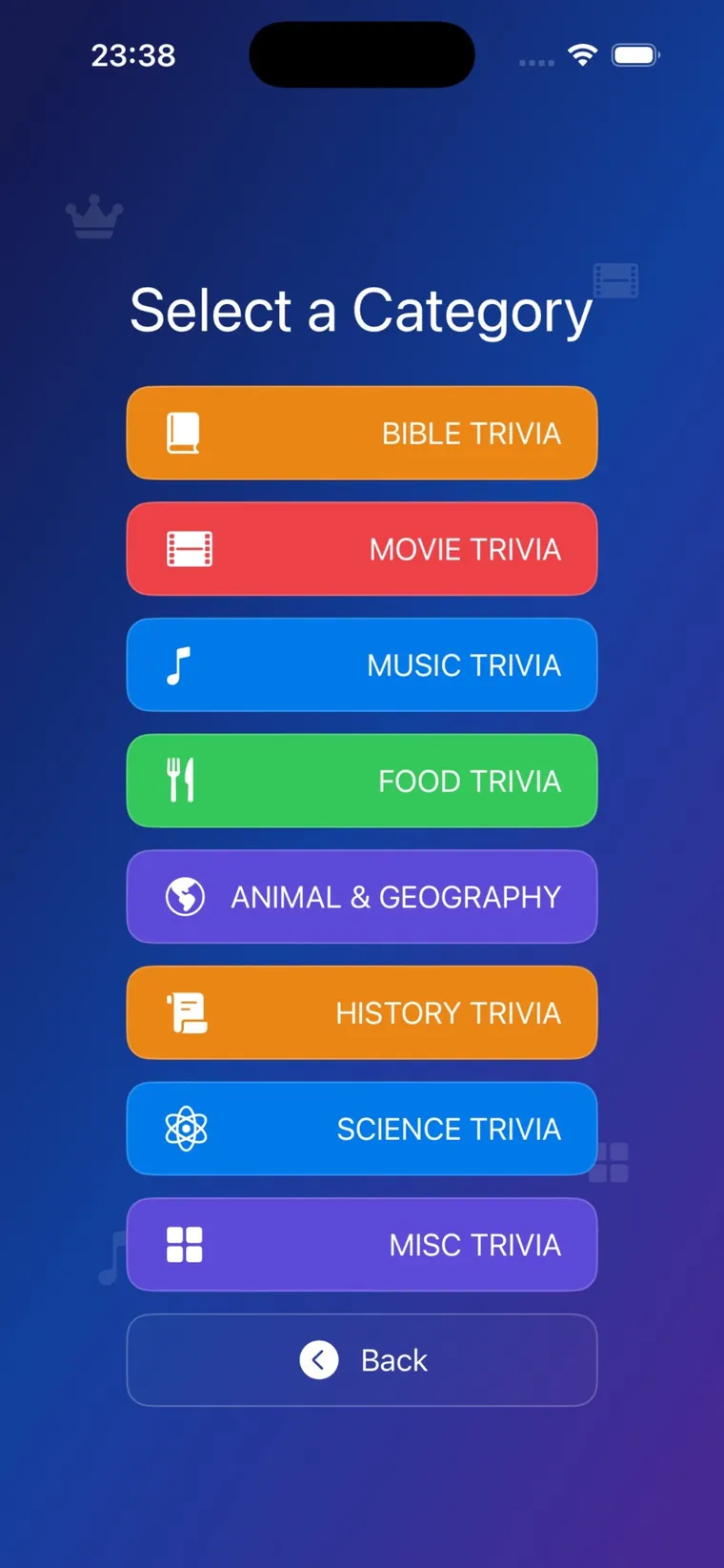 Quizpedia trivia category selection screen