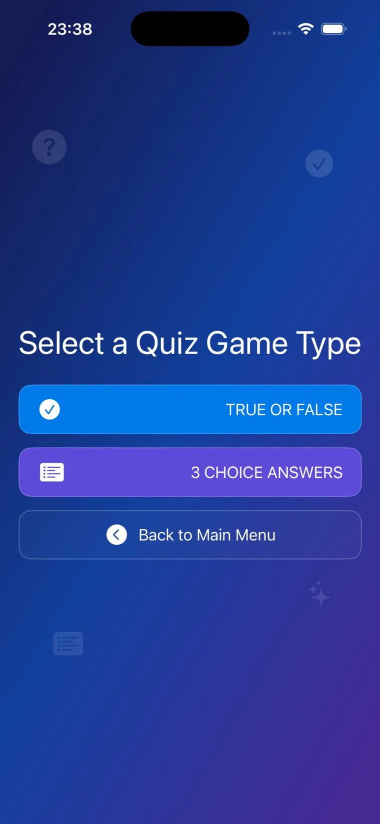 Quizpedia quiz mode selection screen