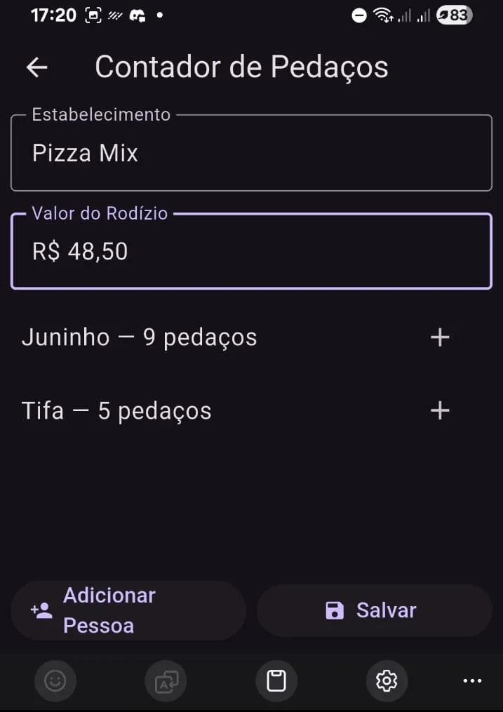 Rodízio Contado counter screen showing a restaurant, buffet price and slice counts