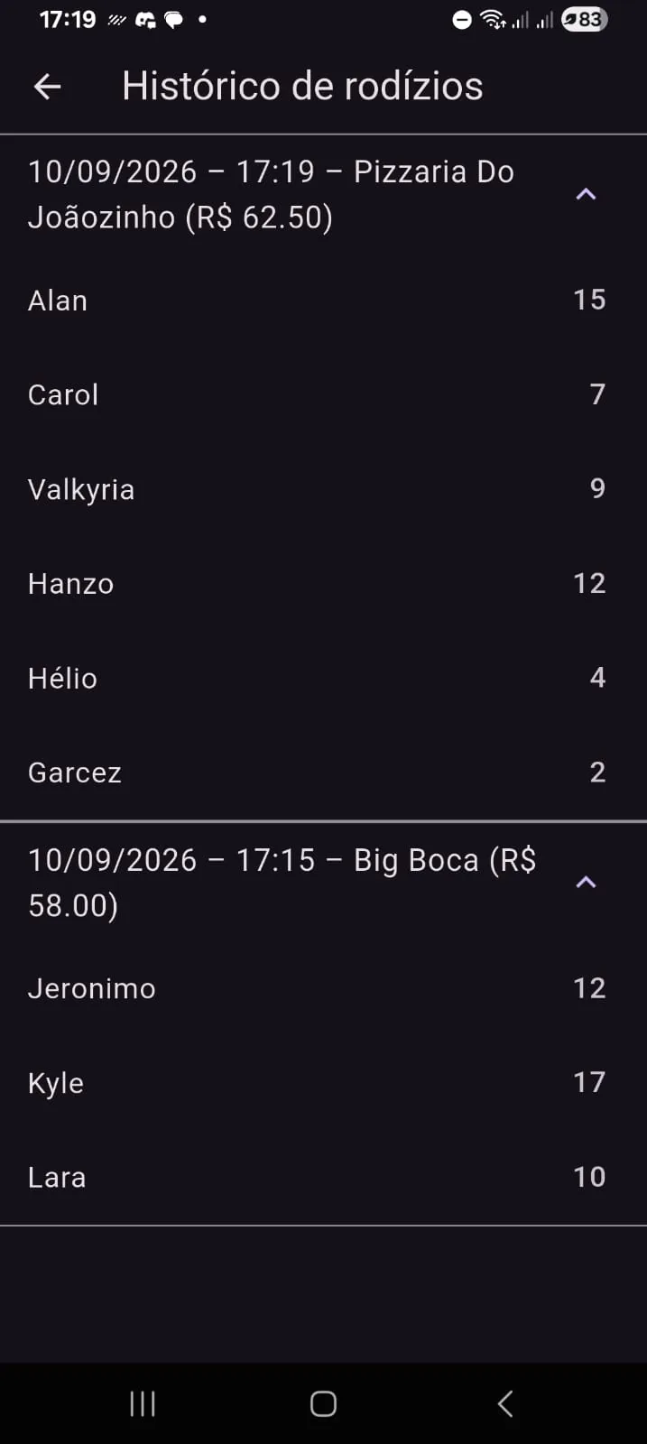 Saved rodízio history screen in dark mode