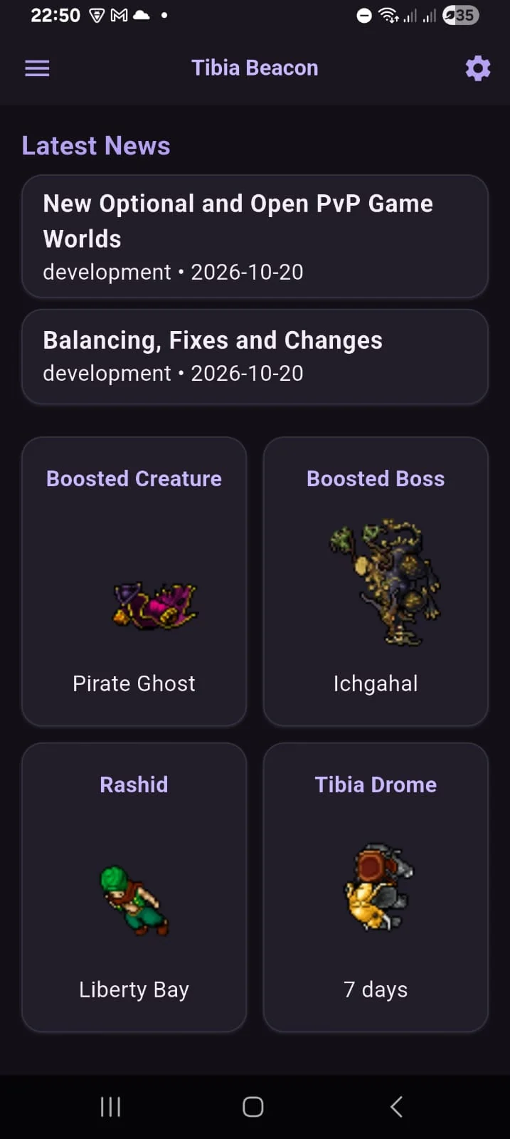 Tibia Beacon home dashboard