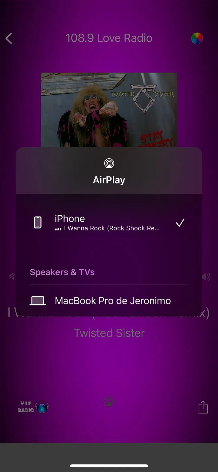 VIP Radio AirPlay device selection screen