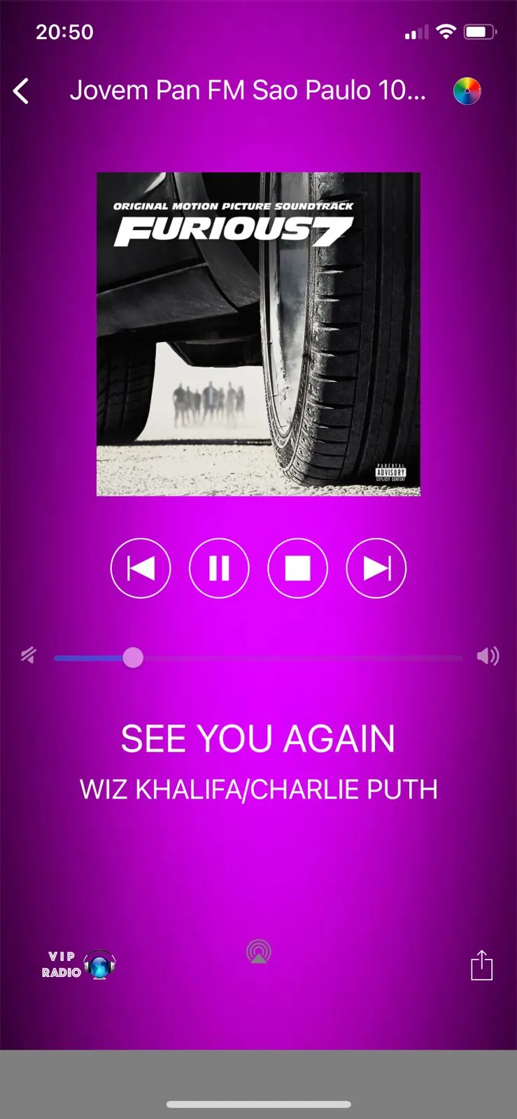 VIP Radio Now Playing screen with album artwork and playback controls