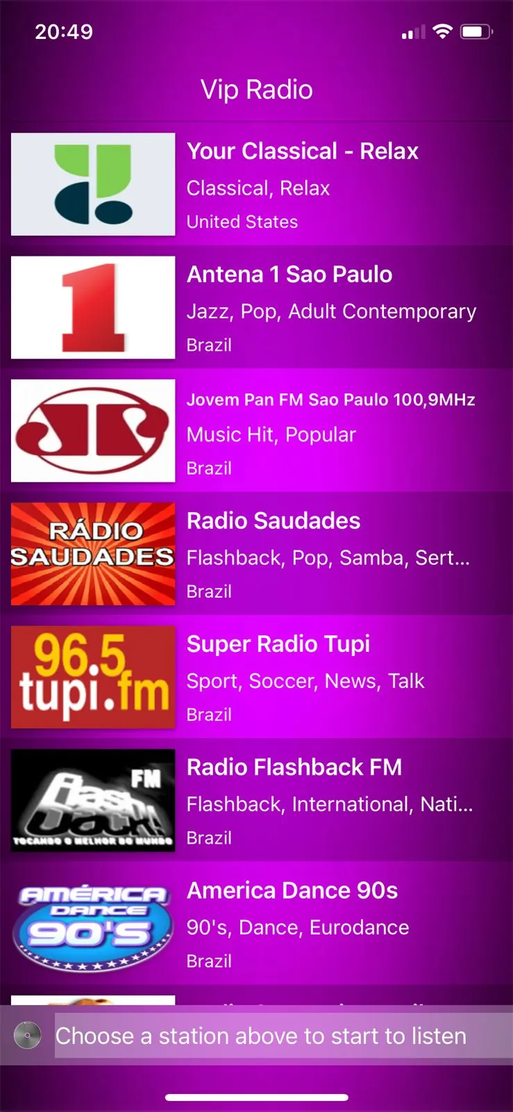 VIP Radio station list showing internet radio stations from different genres and countries