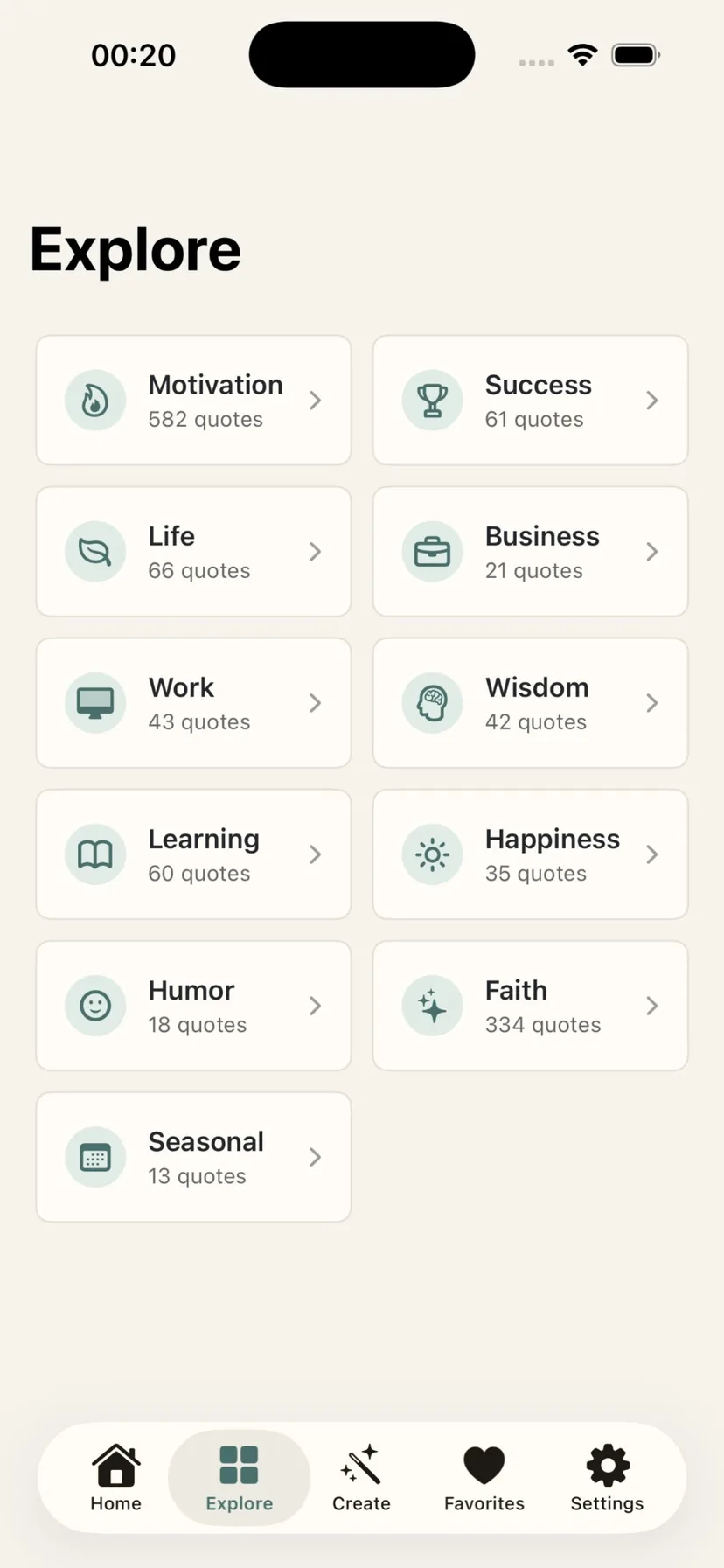 World Quotes Explore categories screen
