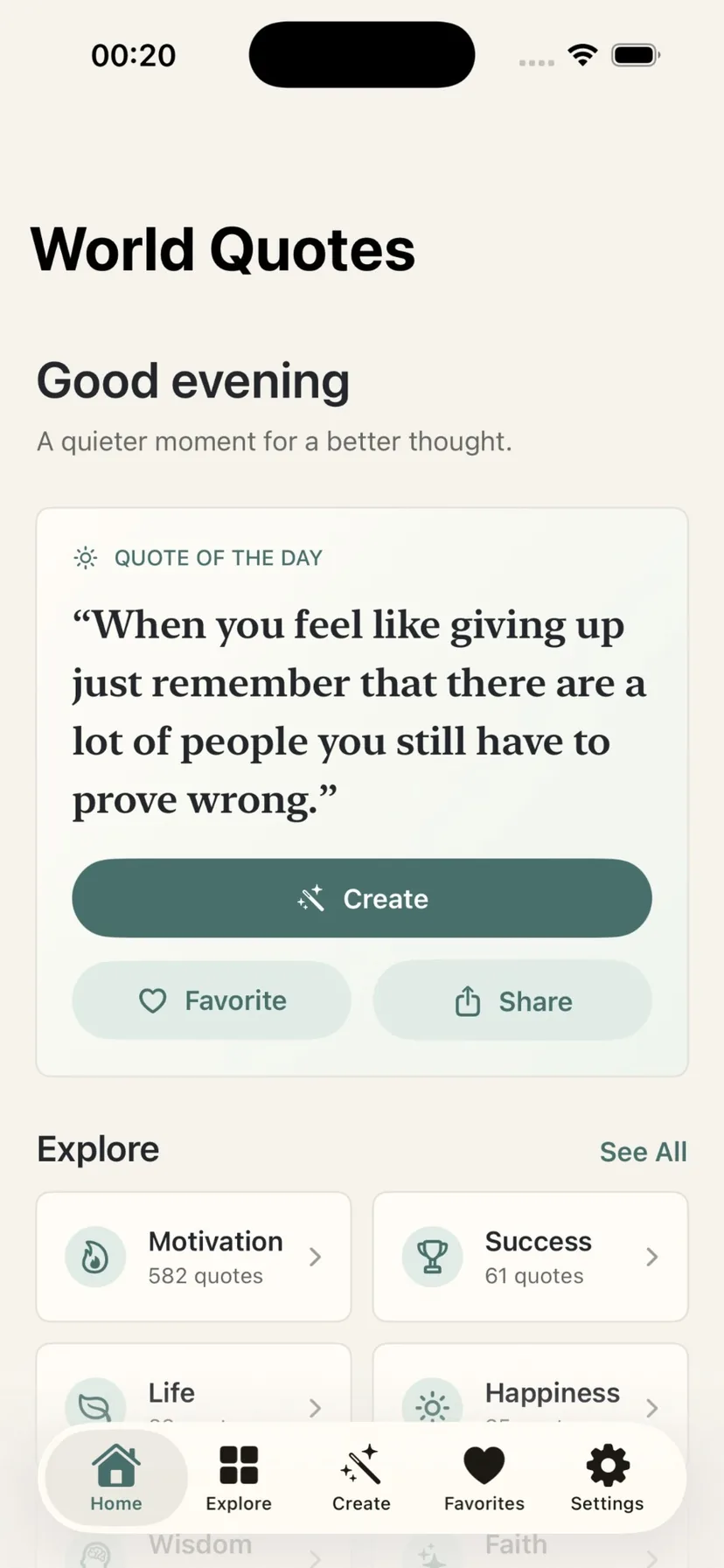 World Quotes home screen with Quote of the Day and categories
